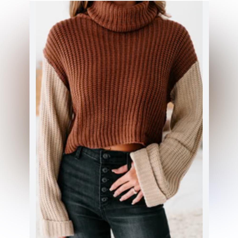 Women's cropped chunky knit Brown and Tan Turtleneck Sweater
